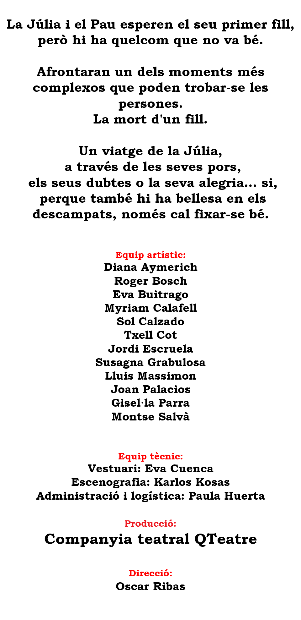 &nbsp;La Júlia i el Pau esperen el seu primer fill, però hi ha quelcom que no va bé. Afrontaran un dels moments més complexos que poden trobar-se les persones. La mort d'un fill. Un viatge de la Júlia, a través de les seves pors, els seus dubtes o la seva alegria... si, perque també hi ha bellesa en els descampats, només cal fixar-se bé. Equip artístic: Diana Aymerich Roger Bosch Eva Buitrago Myriam Calafell Sol Calzado Txell Cot Jordi Escruela Susagna Grabulosa Lluis Massimon Joan Palacios Gisel·la Parra Montse Salvà Equip tècnic: Vestuari: Eva Cuenca Escenografia: Karlos Kosas Administració i logística: Paula Huerta Producció: Companyia teatral QTeatre Direcció: Oscar Ribas 